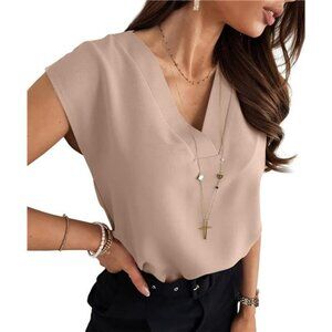 Women's V-Neck Chiffon Blouses - Cap Sleeve Casual Loose Solid Tops for Work